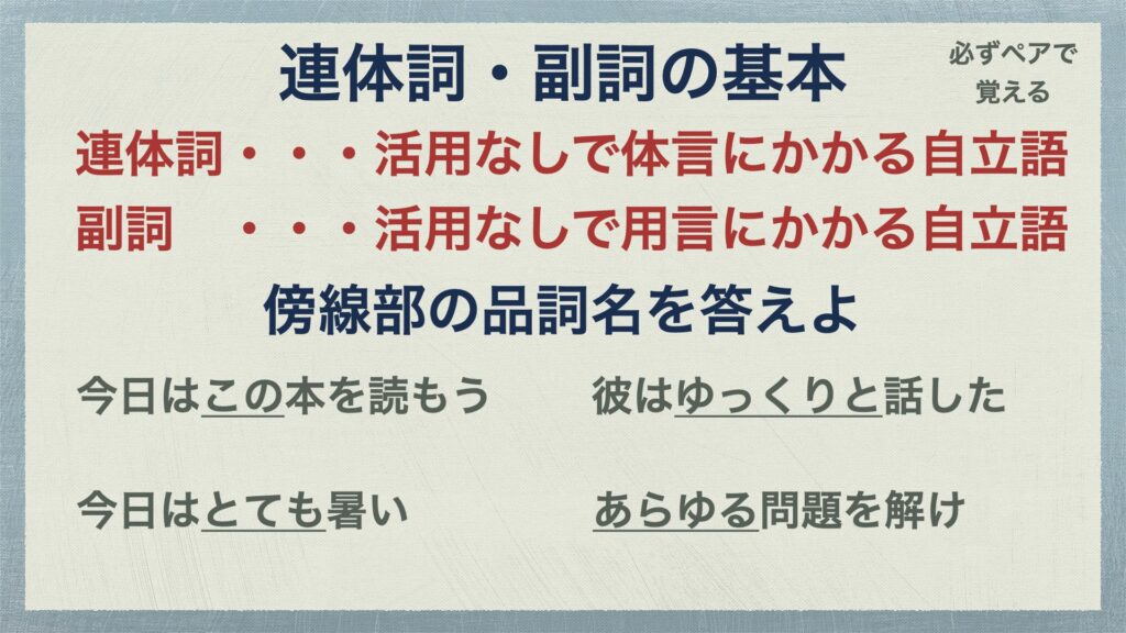 連体詞と副詞の見分け方 必ずペアで覚えよう 品詞の分類7 中学国語文法 がこない独学応援ブログ